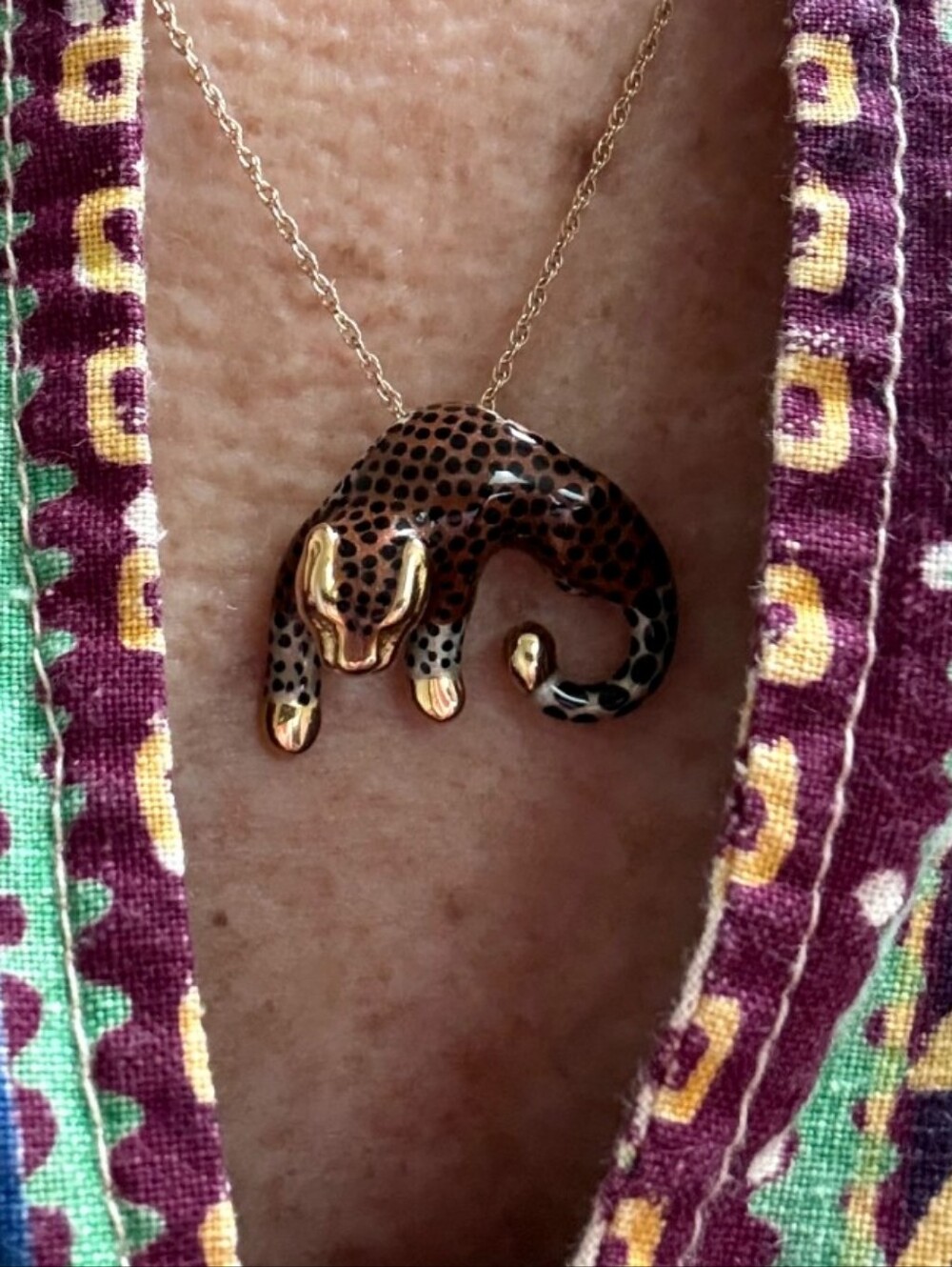 Leopard Cheetah Pendant Necklace - 14K Gold, Orange & Black Enamel - Picture 7 of 7